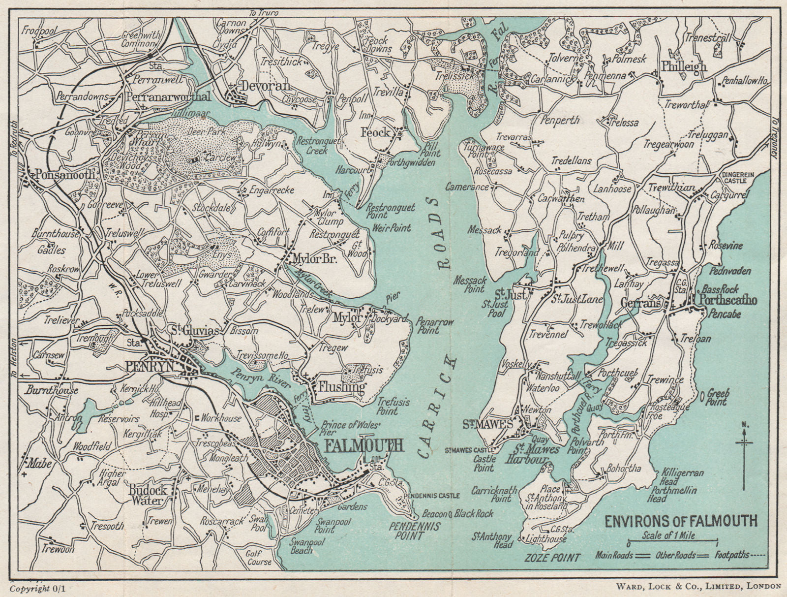 FALMOUTH environs. Carrick Roads Penryn St Mawes. Cornwall. WARD LOCK 1948 map